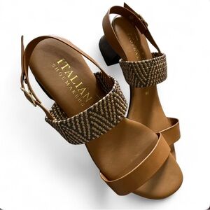 Italian Shoemakers 9.5 Tan and Brown Sandals Adjustable Ankle Stretch Woven Top